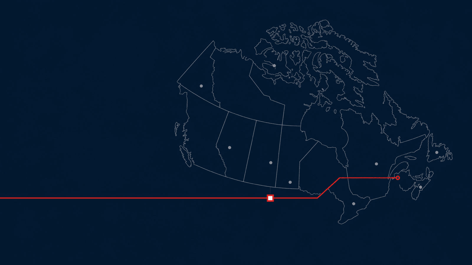 A restrained map of Canada showing one dispatch route moving through a central coordination point to an assigned location.