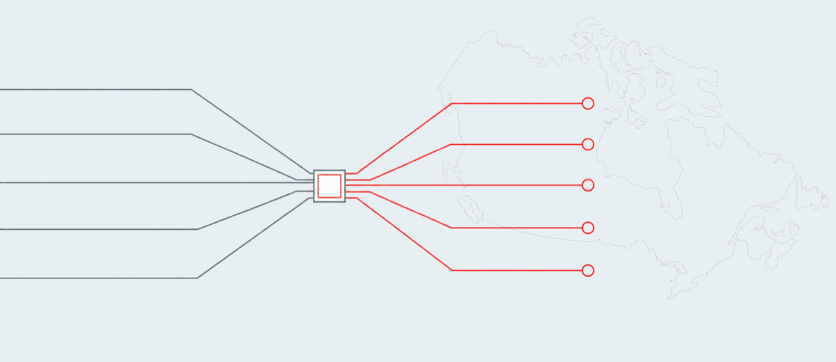 Multiple assignment lines entering one dispatch point and routing across Canada.